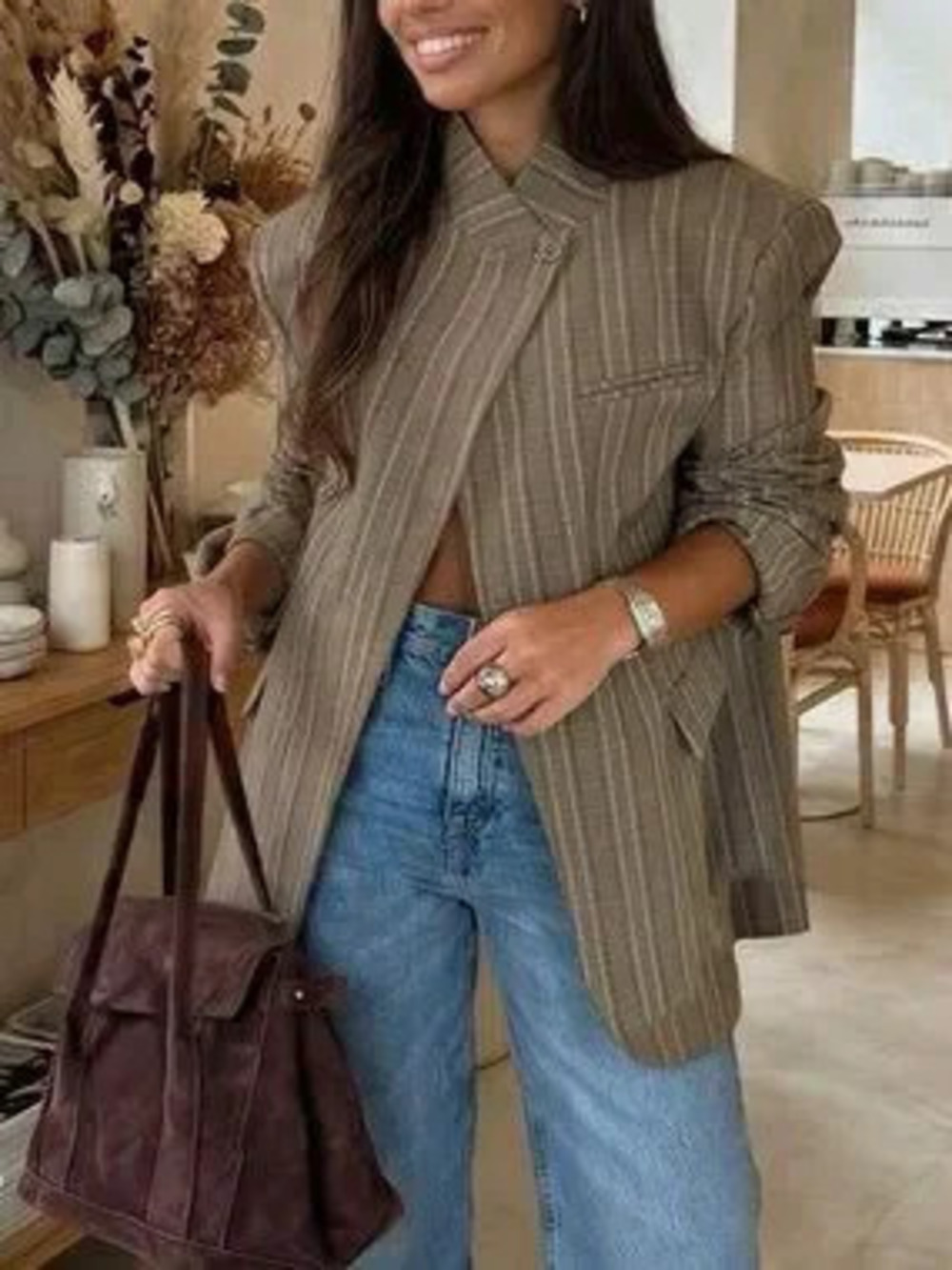 ZARA brown Casual Women's Plaid Asymmetric Blazer